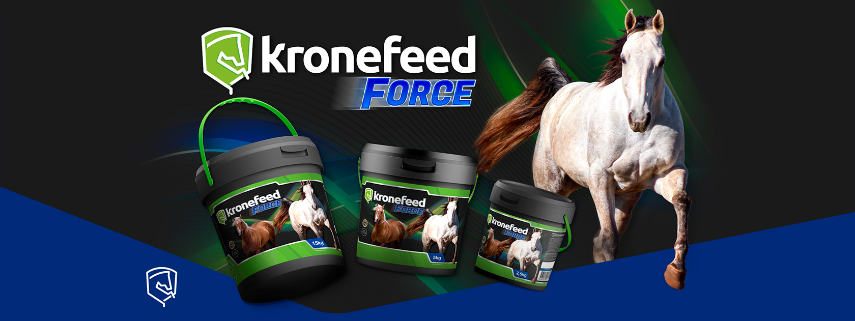 Banner da Kronefeed Force apresentando as três embalagens dos produtos em 2,5kg, 5kg e 15kg, com imagem de cavalo branco