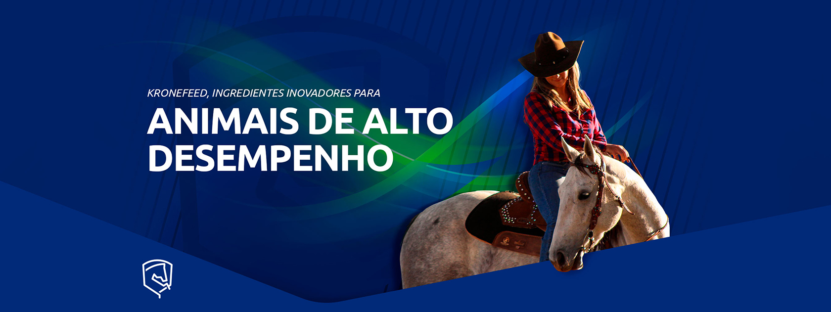 Banner Kronefeed, ingredientes inovadores para animais de alto desempenho, moça montada em um cavalo branco